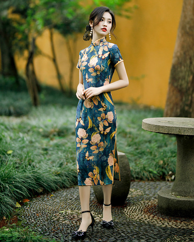 Banquet catwalk cheongsam chinese dress oriental qipao dresses for women Republic of China cotton linen butterfly long cheongsam