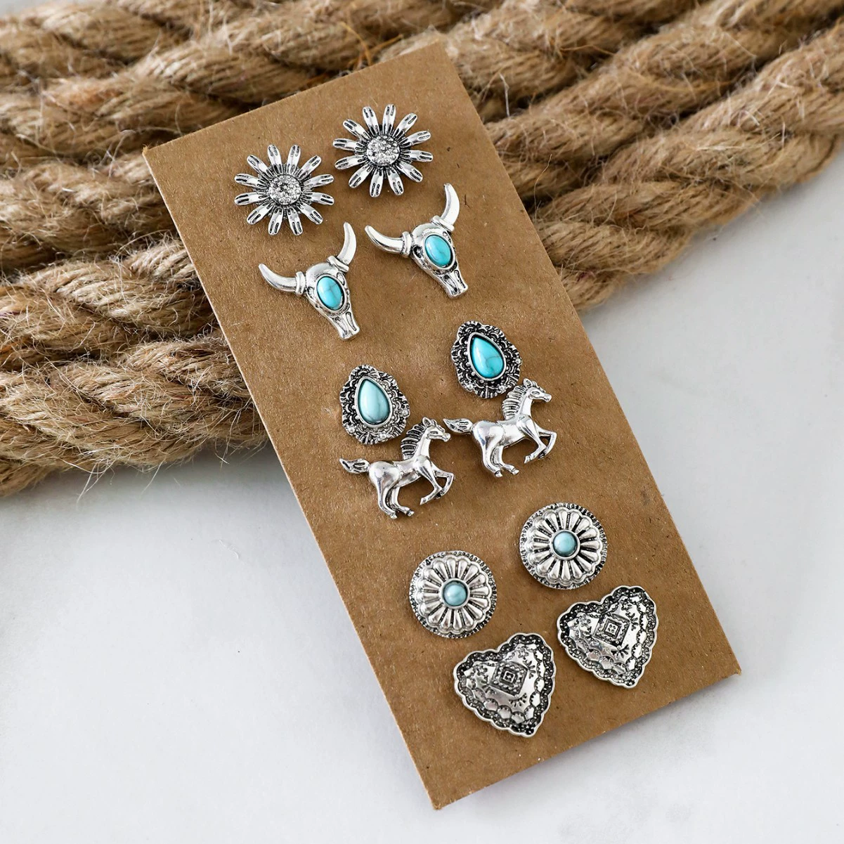 Denim turquoise retro ethnic earrings, ethnic style, flowered