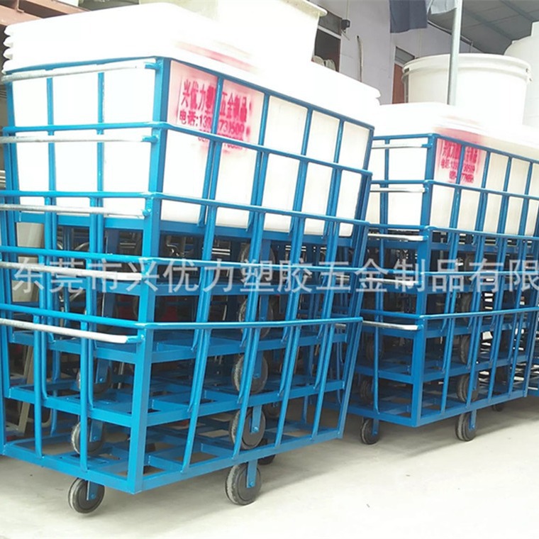 制线厂用方形塑胶桶落布车厂家 /配车架配轮子塑料水箱染布车