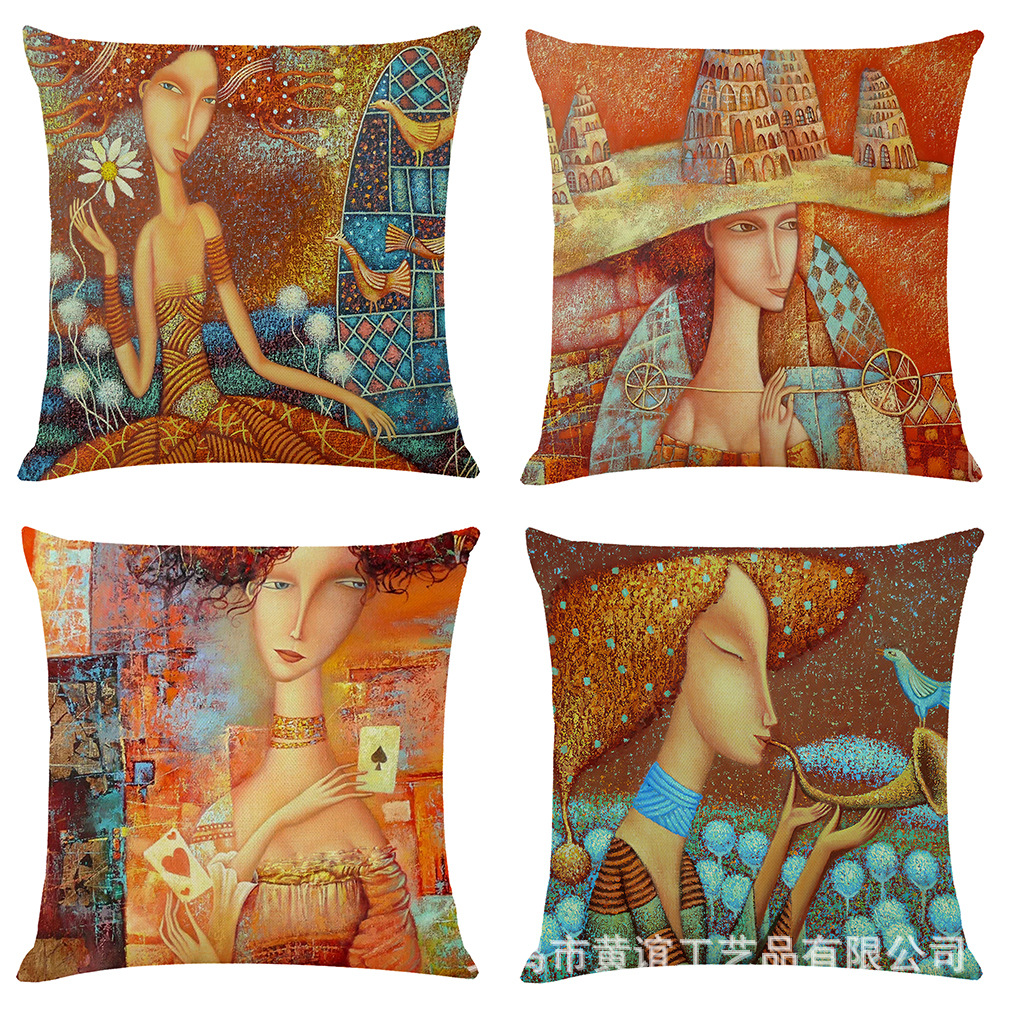 亚马逊eBay新款艺术女孩棉麻抱枕套 汽车抱枕 办公室午睡抱枕批发