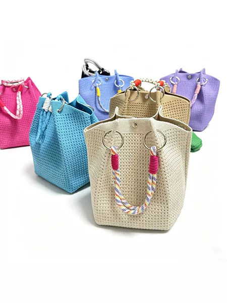 Knitted Ring Buckle Handbag for Women, Small Square Bag, Commuter Bucket Bag, Versatile Portable Handbag, Storage Bag, Solid Color Hollow Design