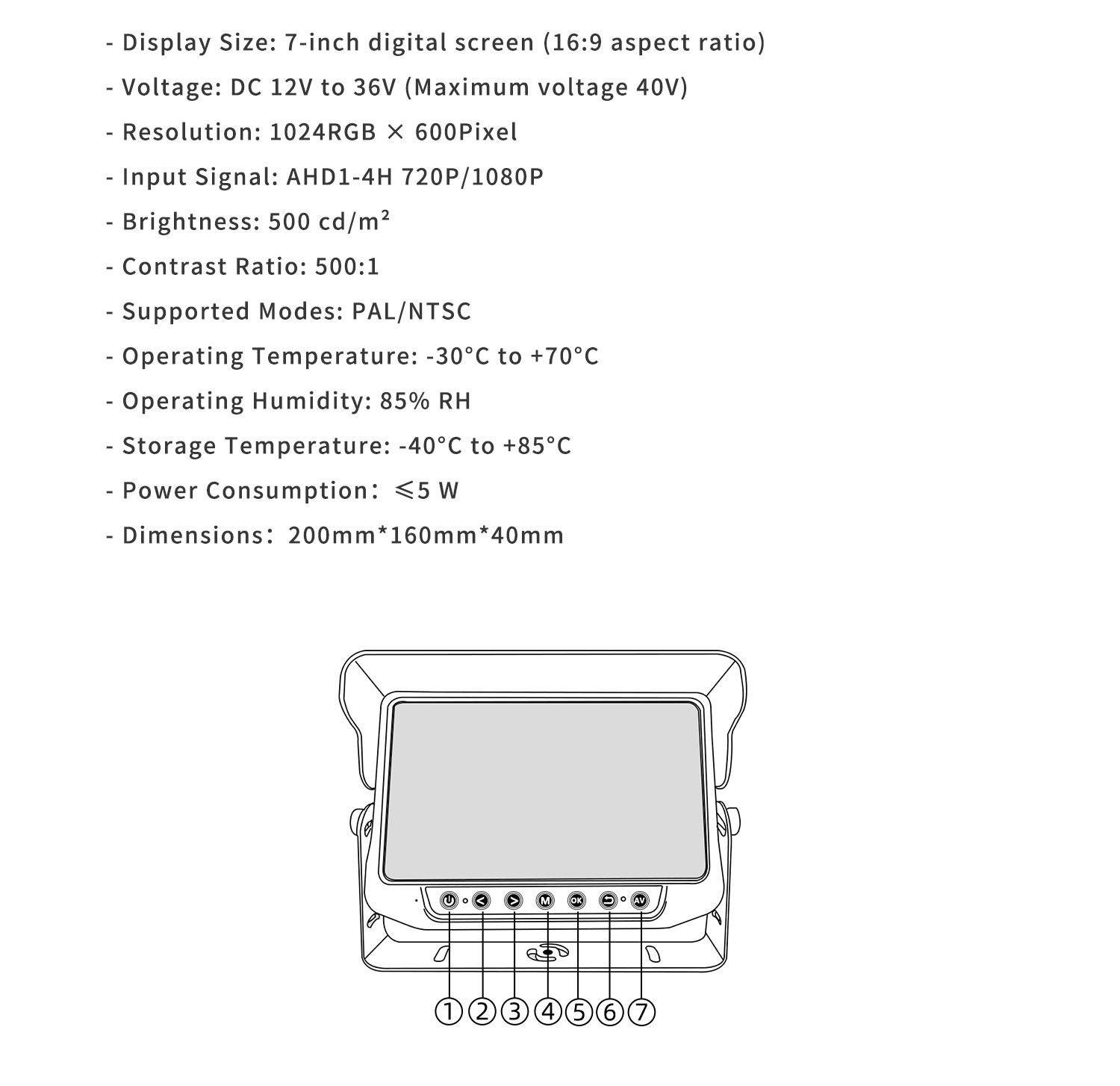 Car 7inch Waterproof Monitor for Forklift Outdoor Monitoring Video 1080P Hd Ahd Blind Spot Front and Rear Reversing Screen