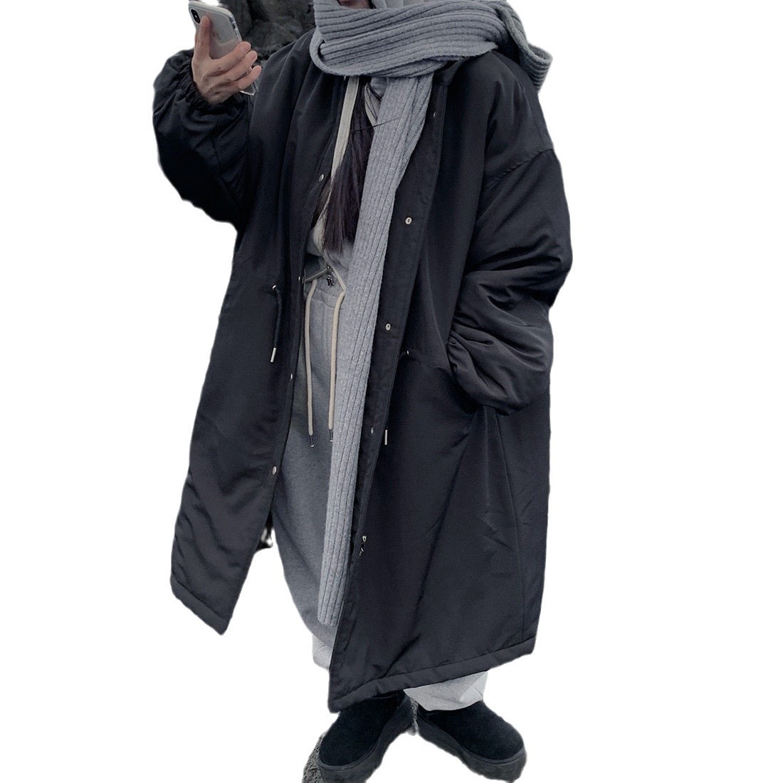 韓国のchic冬の怠惰な風の工装パーカーのゆったりした大きいものは縄の立襟の綿入れの保温の綿入れの長いコートを引き出します。