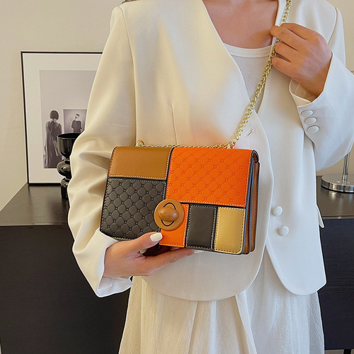 Stitching contrasting color chain bag 2024 spring new chain bag personalized embossed shoulder bag retro ladies crossbody bag