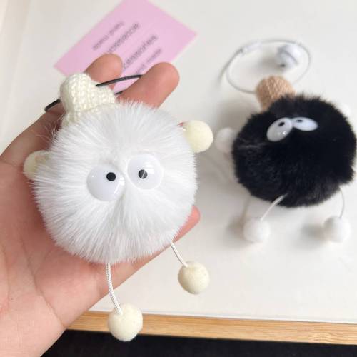 Black and white small fur ball pendant ins girl heart keychain cute school bag furry doll pendant cartoon pendant