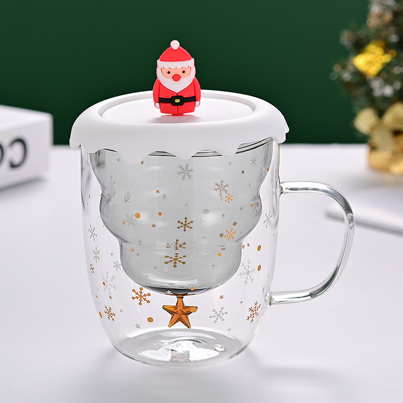 Taza de Navidad personalizada de doble capa con taza de café de tapa taza de vidrio de alta borosilicona taza de alta temperatura alta tasa de valor facial