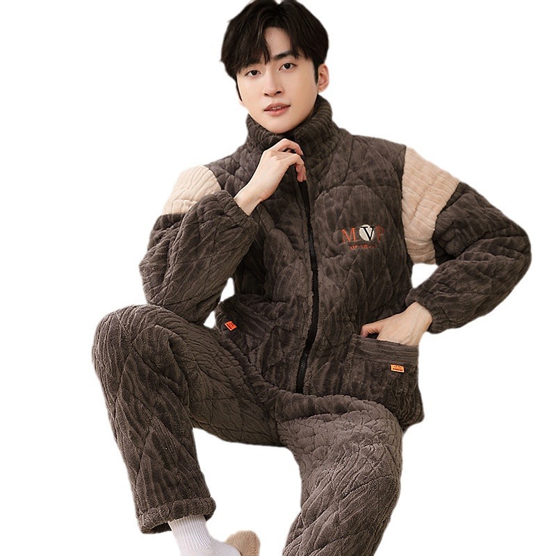 (2개) 남성 잠옷 겨울 새 산호 벨벳 3 층 퀼트 두꺼운 플러스 벨벳 따뜻한 겨울 초대형 겉옷 집에서 입는 옷