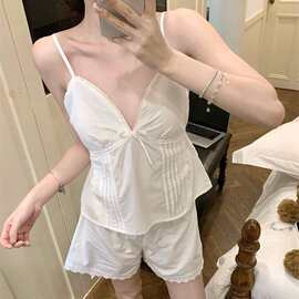 法式高级蕾丝花边带胸垫吊带短裤家居服夏日甜美舒适少女睡衣套装