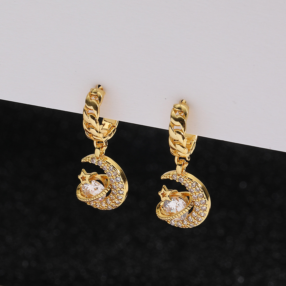 Shiny Moon Planet Copper Gold Plated Zircon Drop Earrings 1 Pair
