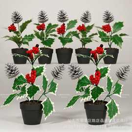 厂家直营圣诞花圣诞树跨境绿植仿真花花环装饰红浆果圣诞节摆件