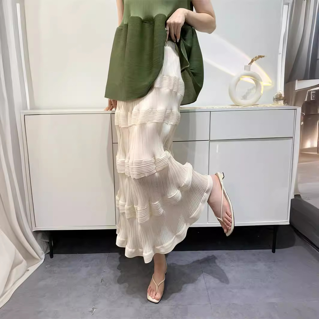 Lined Skirt Women's Summer 2024 New Digital Printed Pleated Skirt Slit Comfortable Casual Pleated Skirt