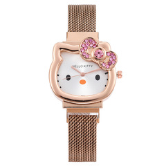 Silver Gold Children's Mesh Watch Student Cartoon KT Cat Girls Quartz Watch Magnet Watch