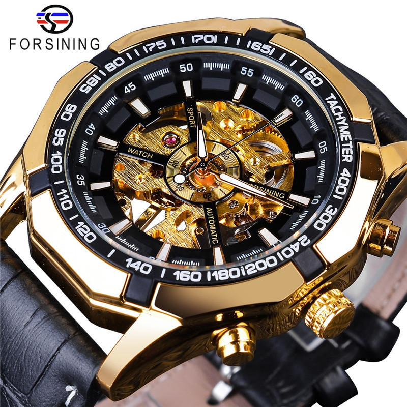 Winner Fashion New European and American Style Leather Watch Vintage Hollow Transparent Mechanical Gold Watch for Men Vintage Style