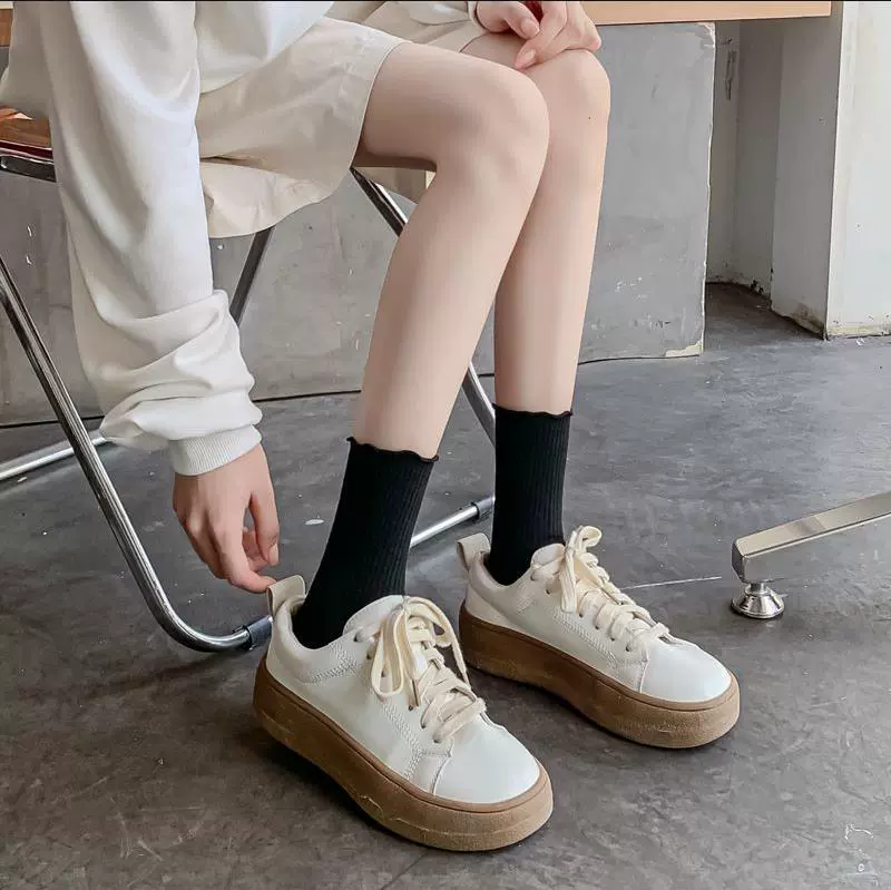 Middle‑Tube JK Socks, cotton ruffle cuff, spring–summer–autumn, sizes 35–42 (black/white/beige)