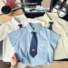 子供服男の子学院風シャツ2025夏服子供ネクタイ半袖シャツ