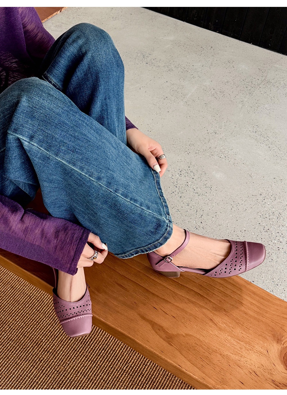 Sandal nữ da cừu mũi trùm gót thấp quai ngang một dây hở gót — màu tím chi tiết 23