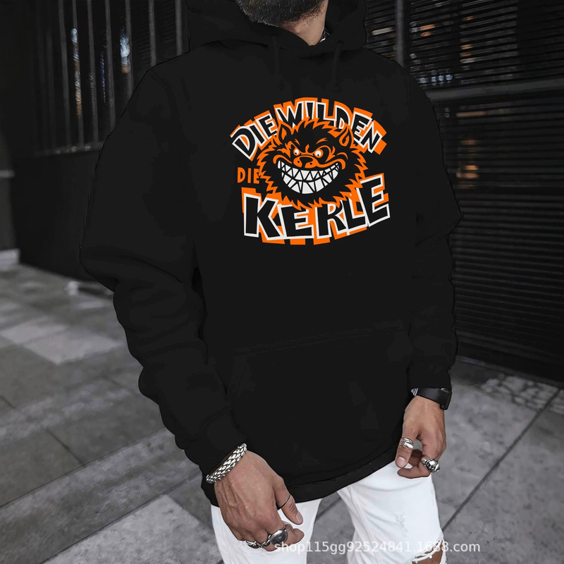 Street-Style Hardcore Beast-Inspired Casual Sweatshirt with Fierce Wolf Teeth and German Slogan Print, Men's Autumn and Winter Fleece Top
