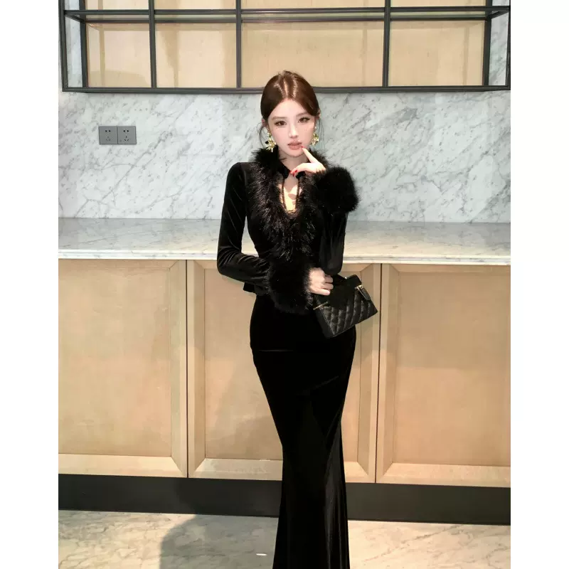 跨境气质时尚套装2025秋冬新款毛毛外套网纱拼接丝绒连衣裙两件套
