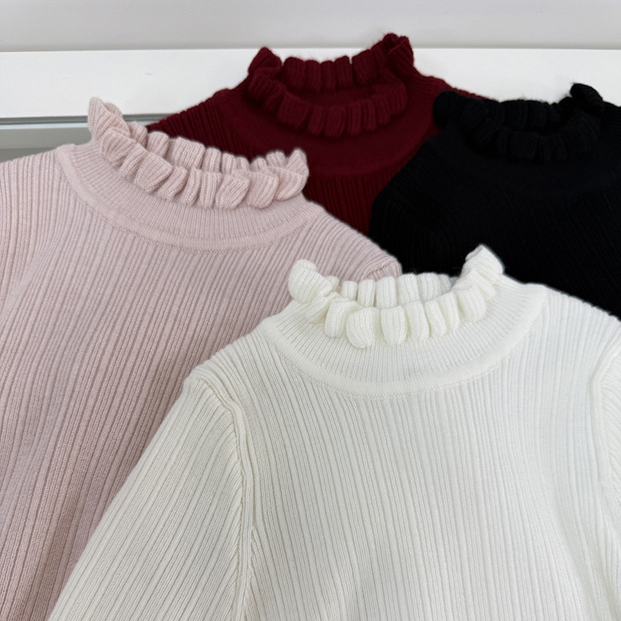 New Autumn and Winter Girls' Wool Knit Base Shirt, Children's Ribbed Slim Fit Ruffled Mock Neck Pullover Top