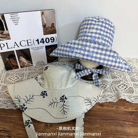 薄荷曼波绿格子系带渔夫帽女春夏季出游碎花大帽檐遮阳帽防晒帽子
