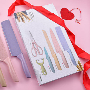 In stock kitchen knife suit wheat straw six-piece set color kitchen knife mini gift box gift household knife set