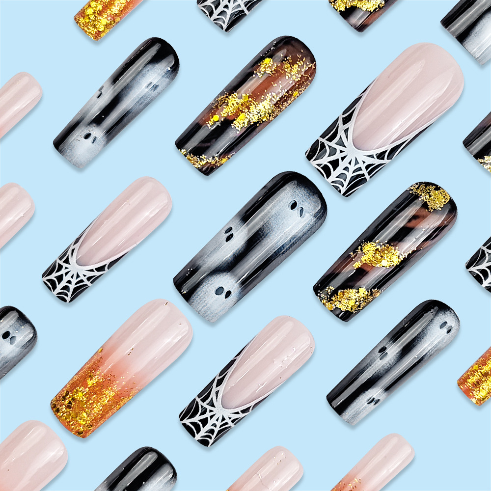 Telaraña de araña gradiente manicura, chicas calientes, polvo brillante, uñas falsas, productos al por mayor, fantasmas de Halloween, extraños, uñas
