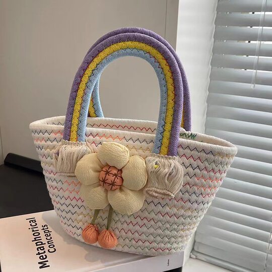 Sunflower Cotton Rope Woven Cloud Bag Portable Woven Bag Fashionable Rainbow Bag Cotton Rope Bag Casual Western-style Woven Bag