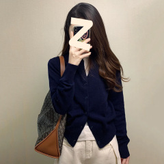 深蓝色外搭针织开衫外套女2025秋冬新品时尚穿搭修身长袖打底上衣