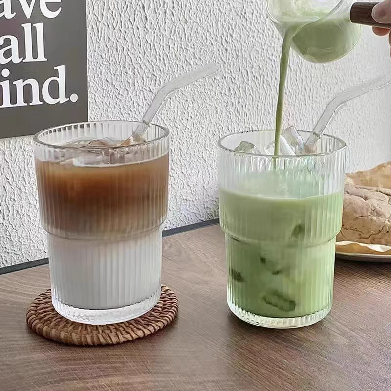 豎條紋玻璃咖啡杯ins風大容量水杯子透明冰美式拿鐵牛奶杯高顏值