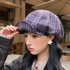 日系复古格纹帽子女2025新款云朵贝雷帽时尚文艺百搭显脸小画家帽