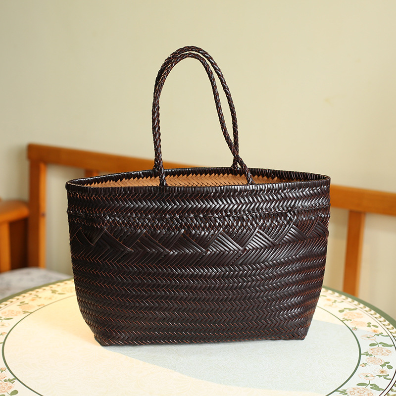 2026 French Top Grain Cowhide Basket Bag Hand-Woven Women's Tote Bag Versatile Commuter Shoulder Bag - Thumbnail 7