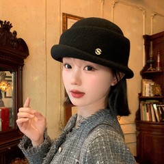千金风高级感卷边黑色礼帽女秋冬季显脸小气质盆帽大头围渔夫帽子