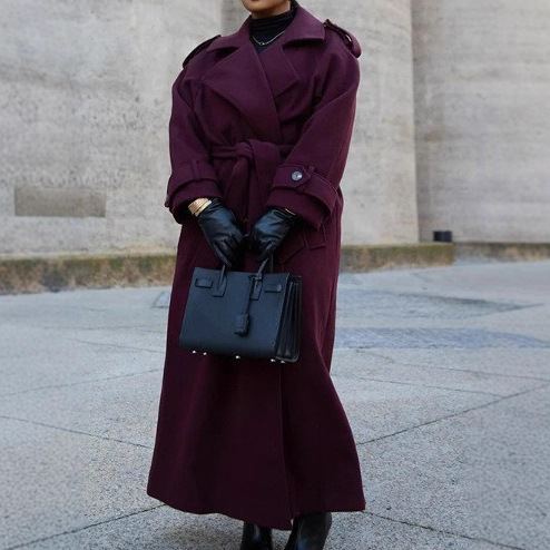 In-Stock Real Photos - 2025 Autumn and Winter Cross-Border Hot-Selling Solid Color Elegant High-End Long Waist-Tie Woolen Coat