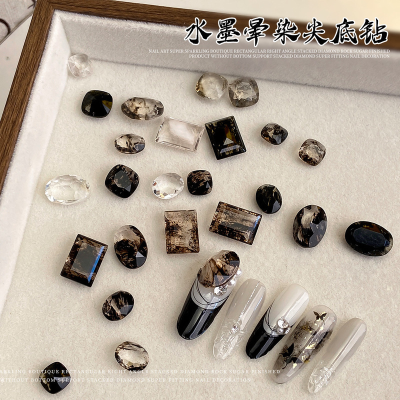 精品水墨晕染尖底钻肥方冰糖长方直角鸽子蛋复古秋冬新款美甲饰品|undefined