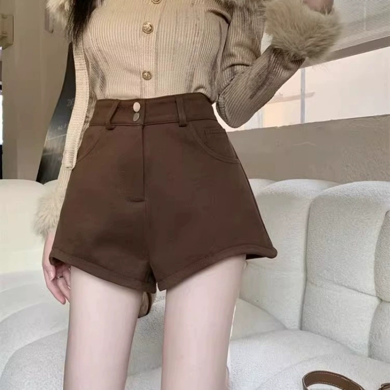 Demi-season woolen shorts for leisure, trousers, loose straight fit, high waist, increased thickness