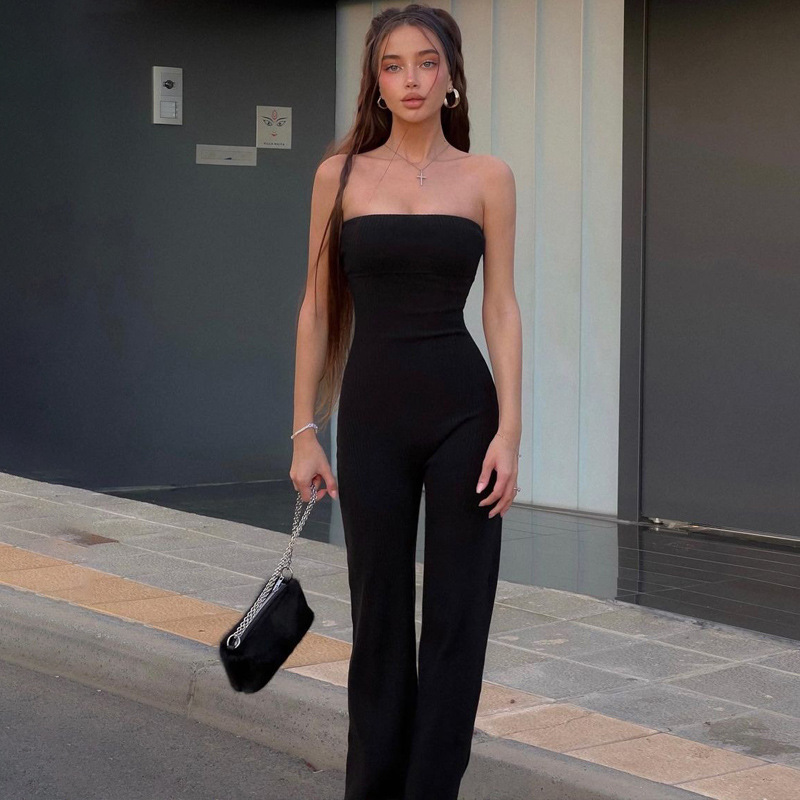 Women Clothing Spring Summer Slim Solid Color Tube Top Jumpsuit
