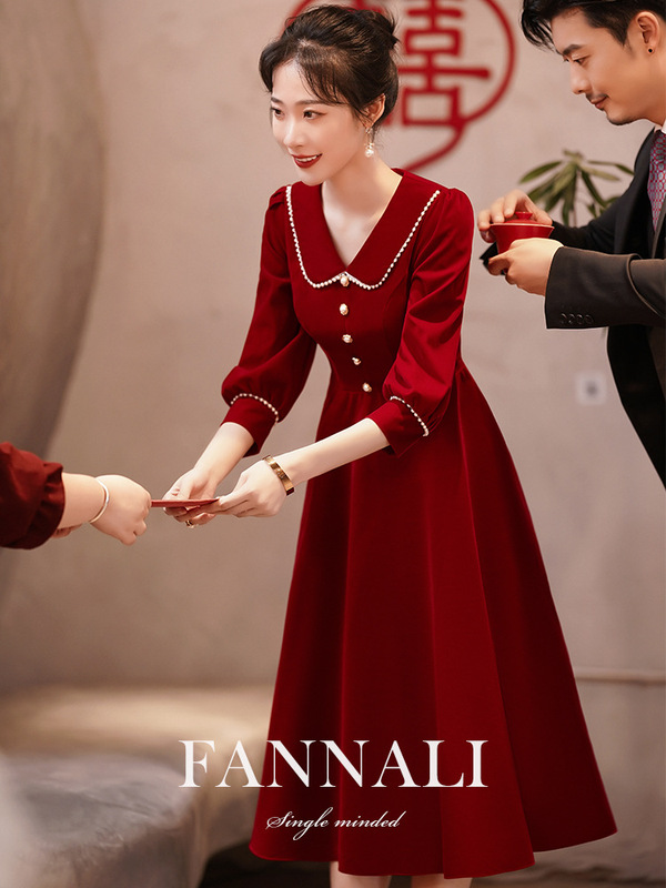 2023 Autumn/Winter Burgundy Wedding Engagement Dress for Women, Plus Size, High Waist, Mid-Length