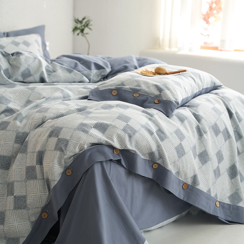 Botón cepillado ecológico impreso, un juego de algodón de cuatro piezas, otoño e invierno, cálido, sueño desnudo, kit de algodón grueso retro