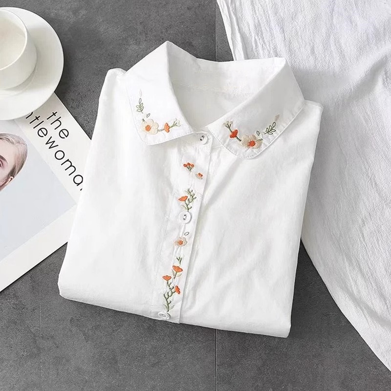 Pure Cotton Long-sleeved Shirt Women's Spring and Autumn New Style Retro Embroidered All-match Casual White Shirt Top