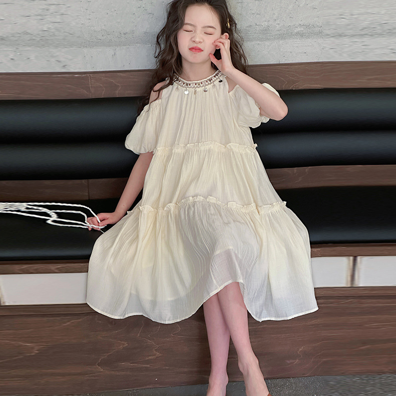 Girls' Off-Shoulder Dress Summer Big Children's Sweet Beach Dress 2025 New Style Girls Korean Lady Dress Wholesale