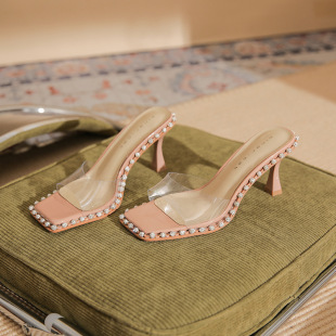 7301 [Sheepskin] Square Toe Slippers Women's Summer Outerwear 2025 Summer New Transparent Strap High Heels