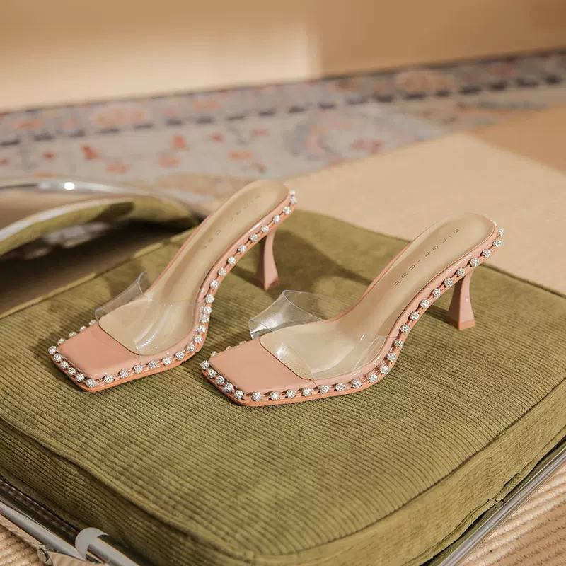 7301【羊皮】方头拖鞋女夏外穿2025年夏季新款透明一字带高跟鞋