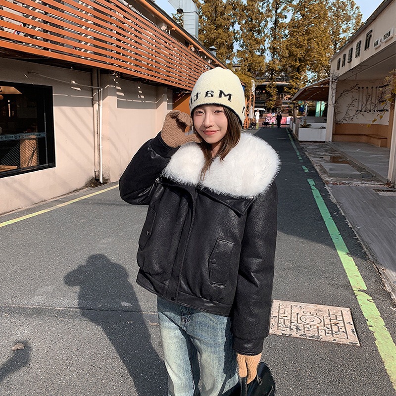新款鹿皮绒大毛领棉外套女短款气质宽松小个子pu棉服冬季羽绒棉衣|undefined