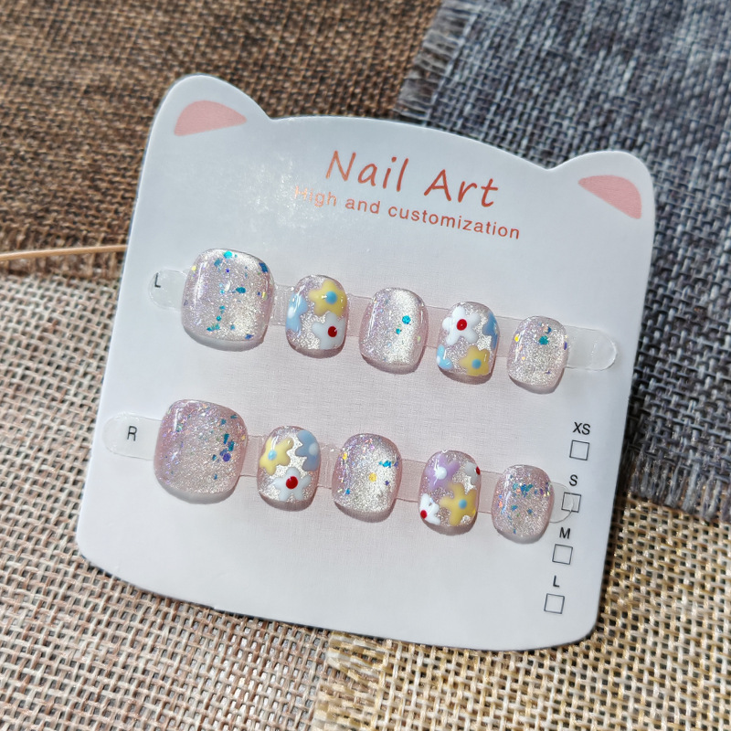 Flower Cat-Eye Children's Wearable Nails, Handmade, Cute Nail Patches for Kids, Baby Nail Art for Ages 3-6-10