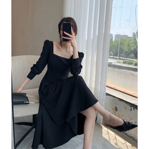Hepburn Style Black Skirt Women 2026 Spring and Autumn New Retro Square Collar Long Skirt Dress Knee-Length Black Elegant Dress