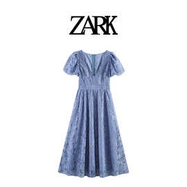 ZARK 欧美新款时尚气质气质v领蕾丝收腰长裙 跨境外贸女装批发