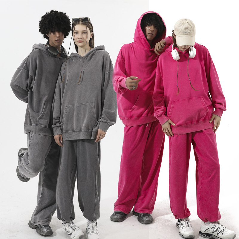 380g European and American Distressed Sweatshirt and Sweatpants Custom Printed Logo Retro Oversize Washed Hoodie Loose Suit 380g European and American Distressed Sweatshirt and Sweatpants Custom Printed Logo Retro Oversize Washed Hoodie Loose Suit