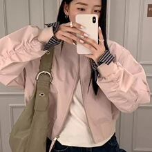 1012韩版纯色拼接袖夹克百搭宽松小个子外套女秋季新款棒球服短款