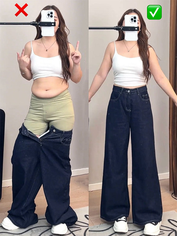 深蓝色阔腿牛仔裤女春秋款大码胖mm高腰显瘦梨形身材裤子直筒宽松|undefined