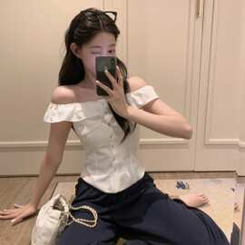 尺寸已更新 韩系简约气质一字领收腰显瘦百搭通勤衬衫女短款上衣